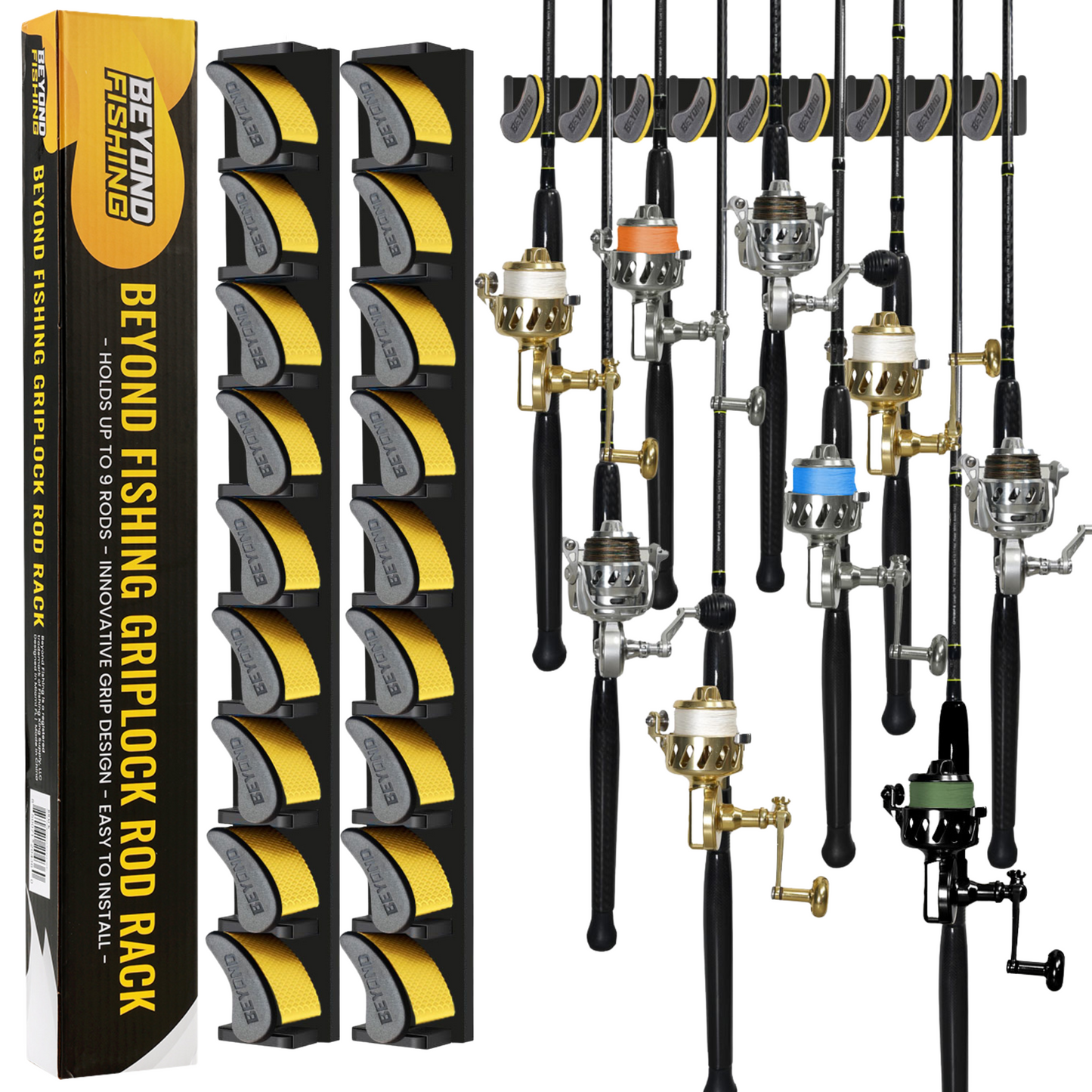 GripLock Vertical Fishing Rod Rack — Holds 9 Rods, 5-Minute Install