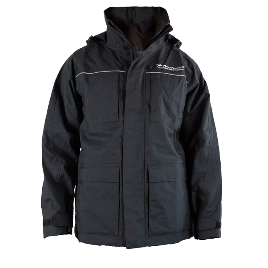 Front view of black rain gear jacket with reflective piping and multiple pockets