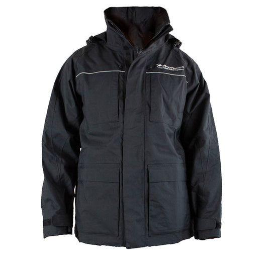 Front view of black rain gear jacket with reflective piping and multiple pockets