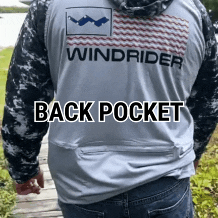 Animated GIF showing zippered back pocket opening and closing on fishing shirt