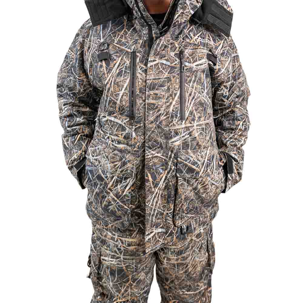 Side view of charcoal grey ice gear jacket and bibs showing multiple cargo pockets