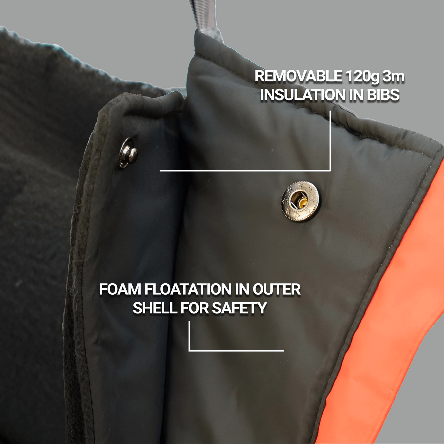 Grey and blue digital camo waterproof ice gear bibs showing functional design features