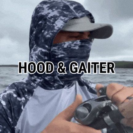 Animated GIF demonstrating hood and gaiter deployment on grey fishing shirt