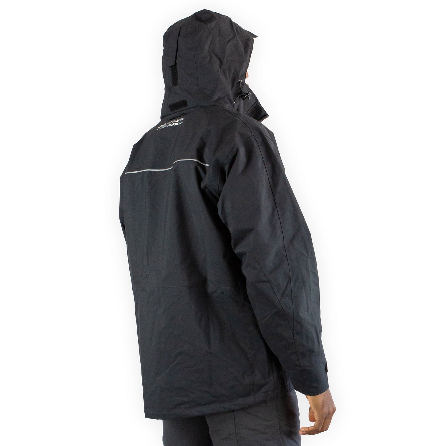 Three-quarter view of waterproof rain gear jacket with hood and storm flaps