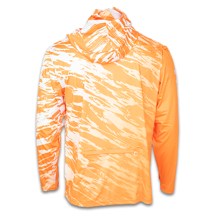Back view of tangerine tiger orange hooded fishing shirt with pattern