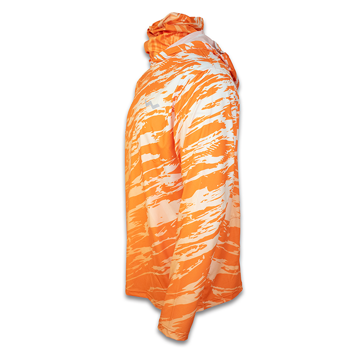 Side angle of orange tiger pattern hooded fishing shirt