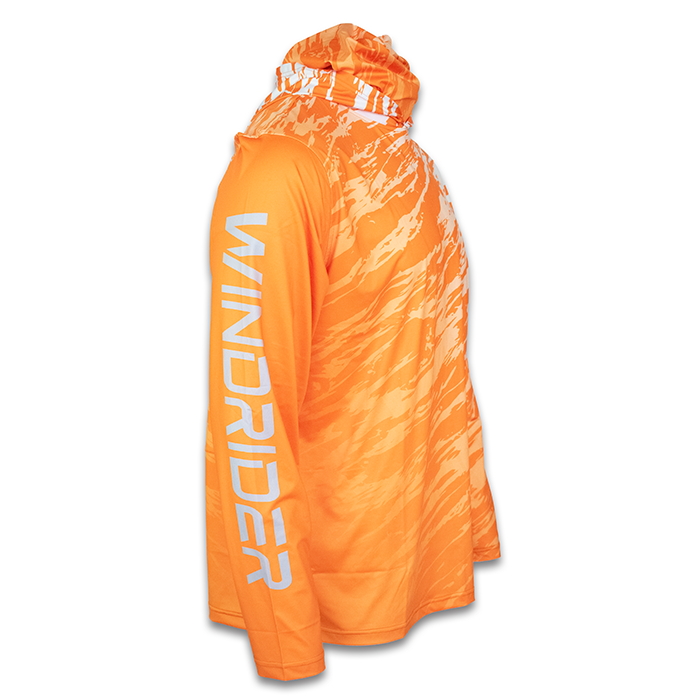 Alternate side view of tangerine tiger hooded shirt showing features