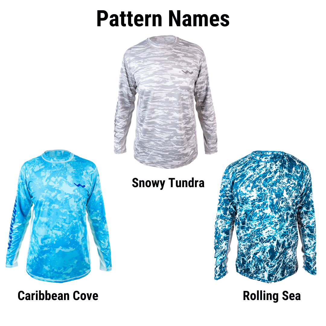 Product comparison chart showing snowy tundra roiling sea caribbean cove pattern names
