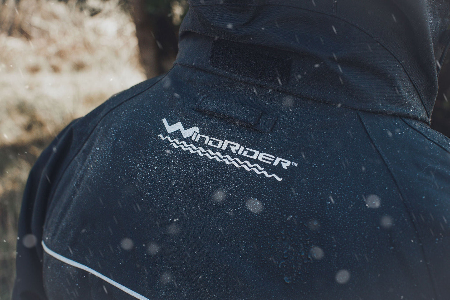 Detail of waterproof rain gear gear showing waterproof construction and features