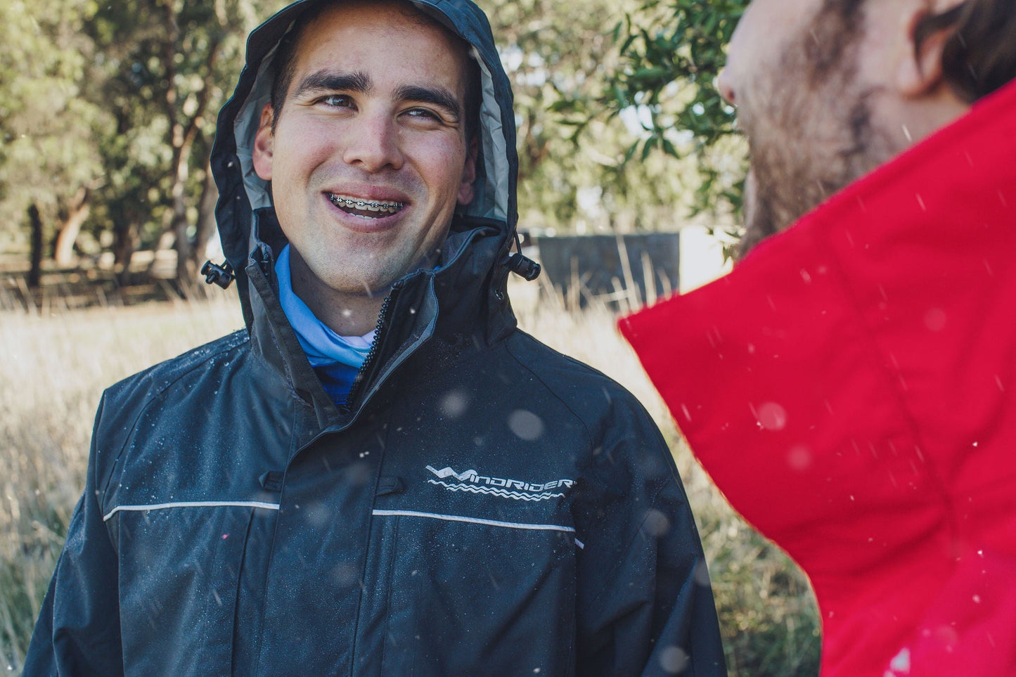 Detail of waterproof rain gear gear showing waterproof construction and features
