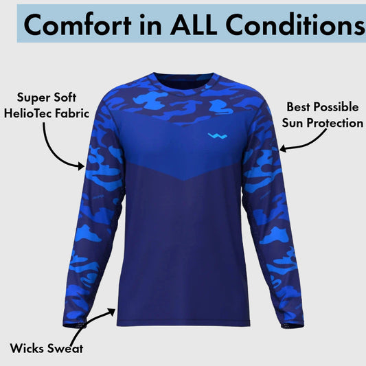Navy blue camo long sleeve fishing shirt with feature callouts on light background