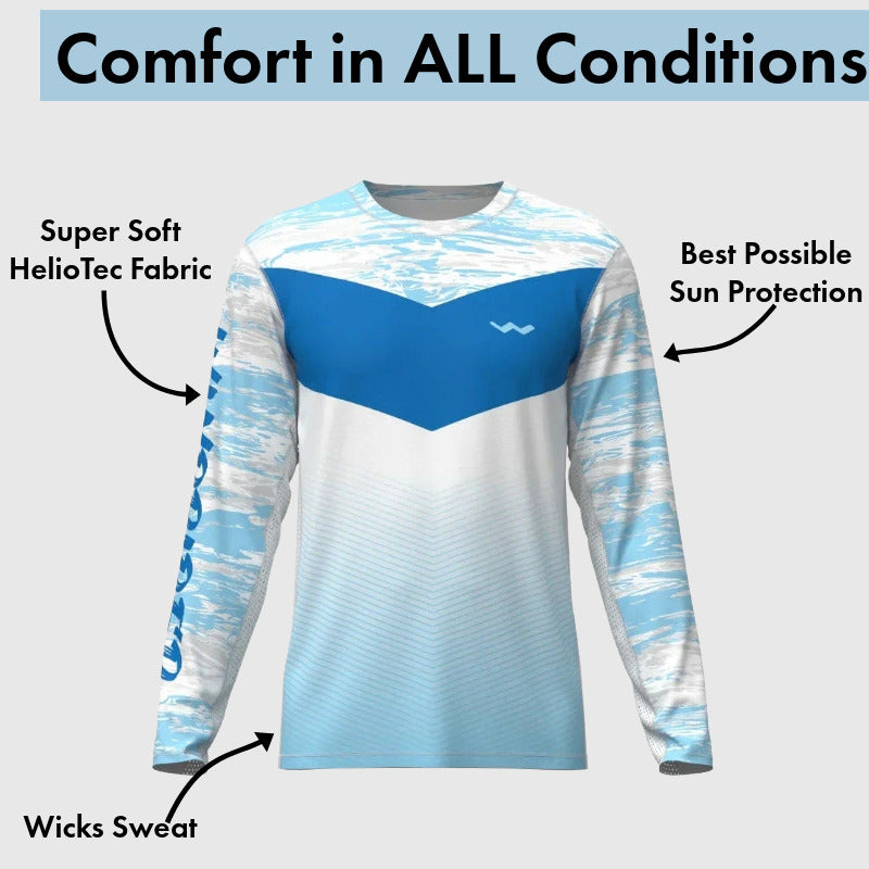Glacial lake blue and white gradient fishing shirt with feature annotations