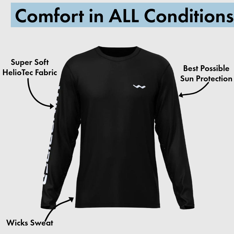 Black long sleeve fishing shirt with moisture wicking feature labels