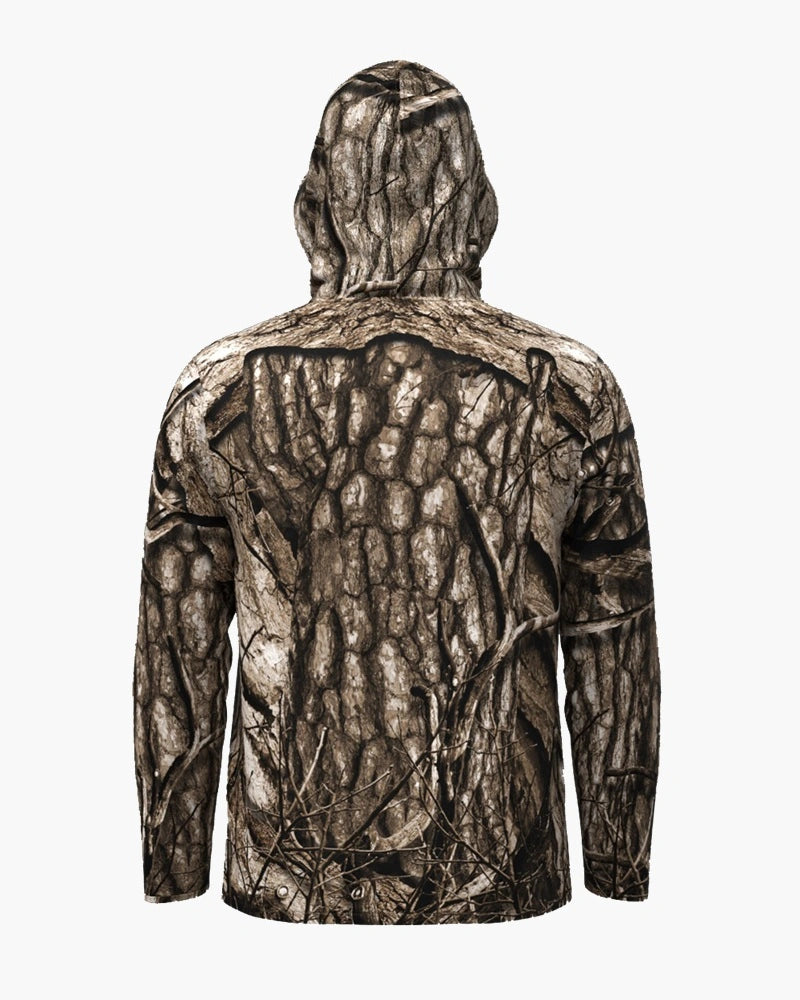 Back view of woodland tree camo hooded shirt showing full pattern
