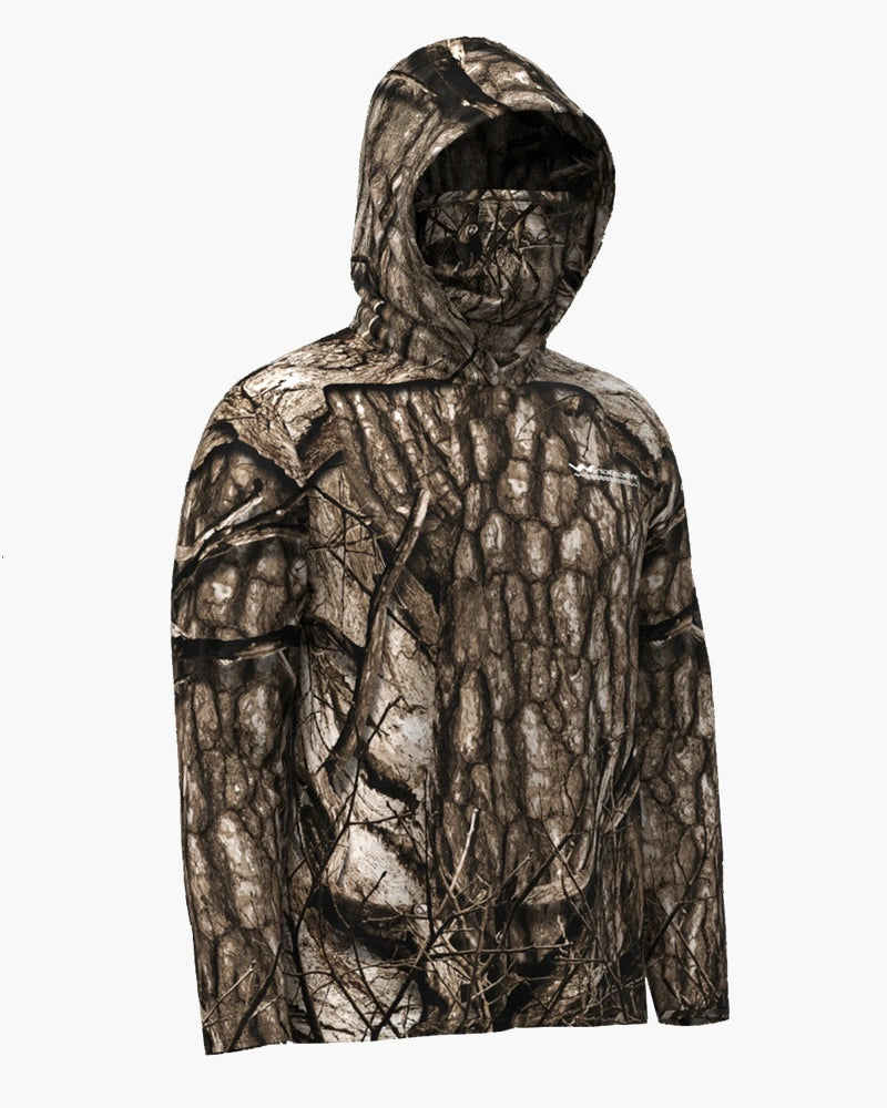 Side angle of woodland camo hooded shirt displaying hunting pattern design