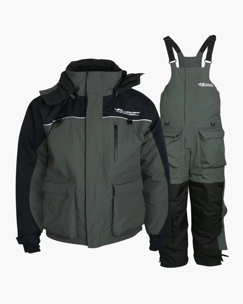 Grey and navy blue waterproof ice fishing jacket and bibs set on white background