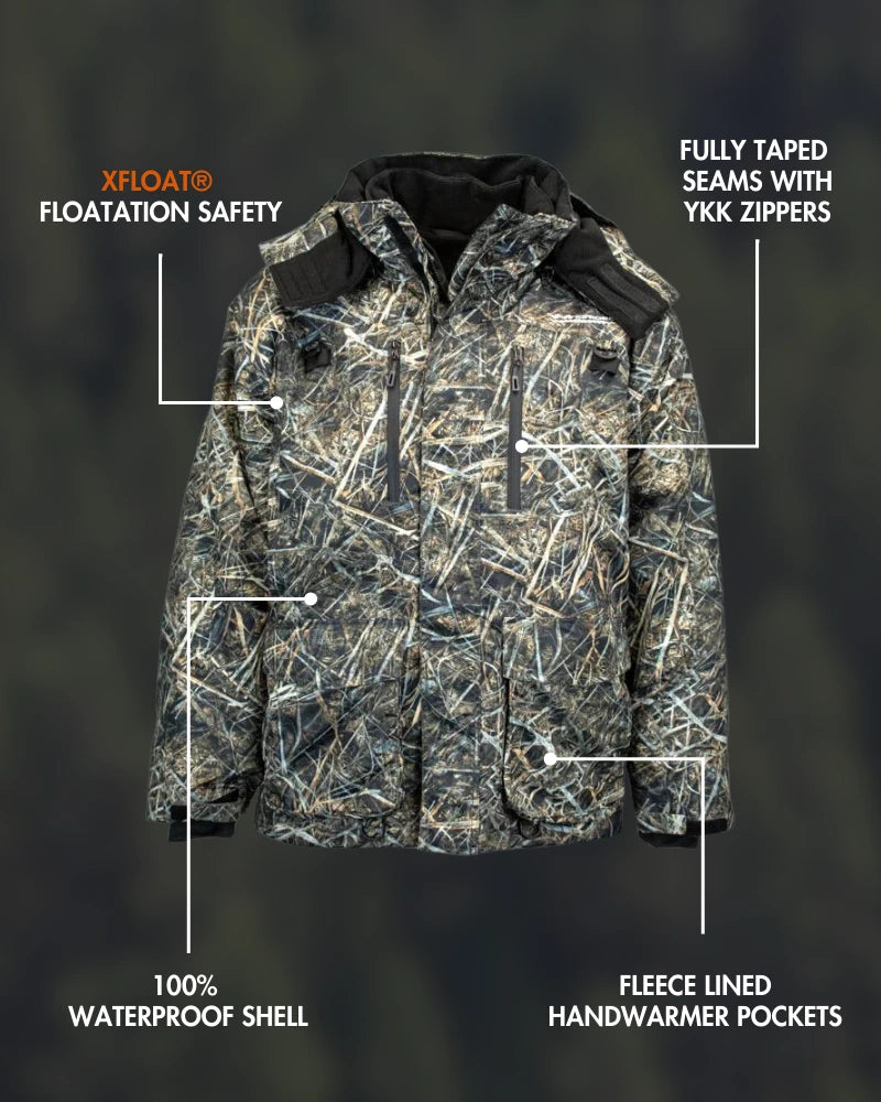 Detail view of charcoal grey ice gear jacket showing insulation and pocket features