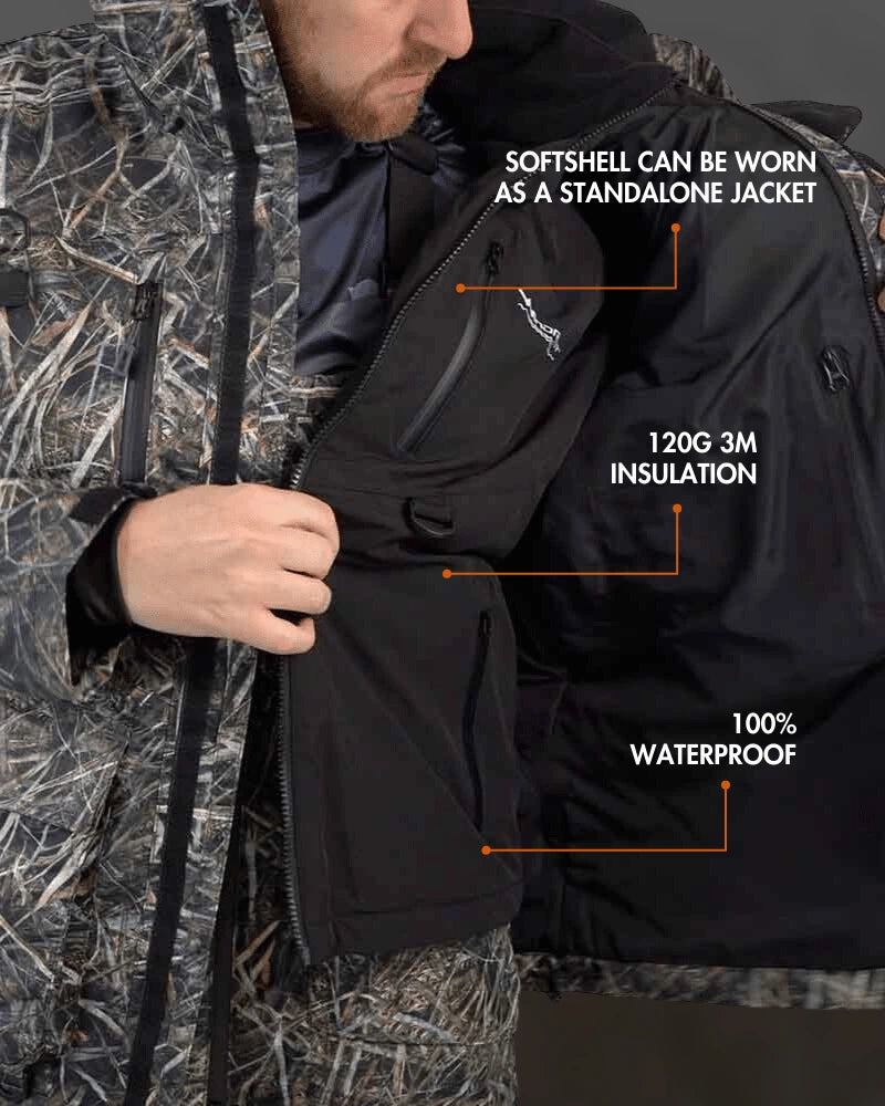 Detail of charcoal grey ice gear gear showing waterproof construction and features