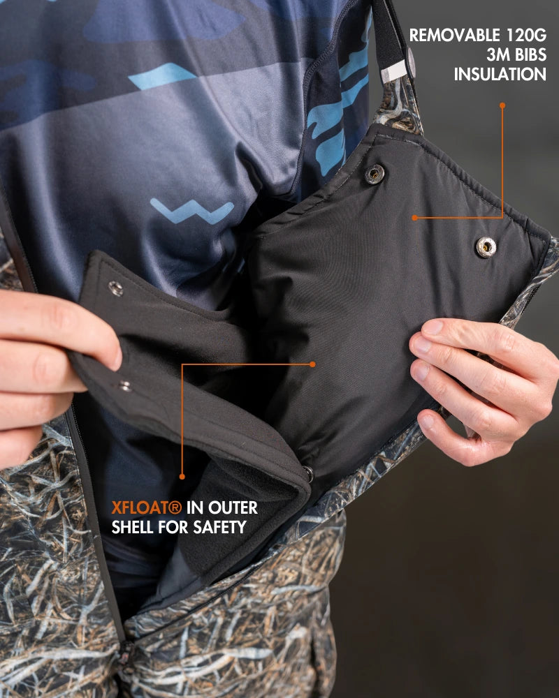 Detail of charcoal grey ice gear gear showing waterproof construction and features