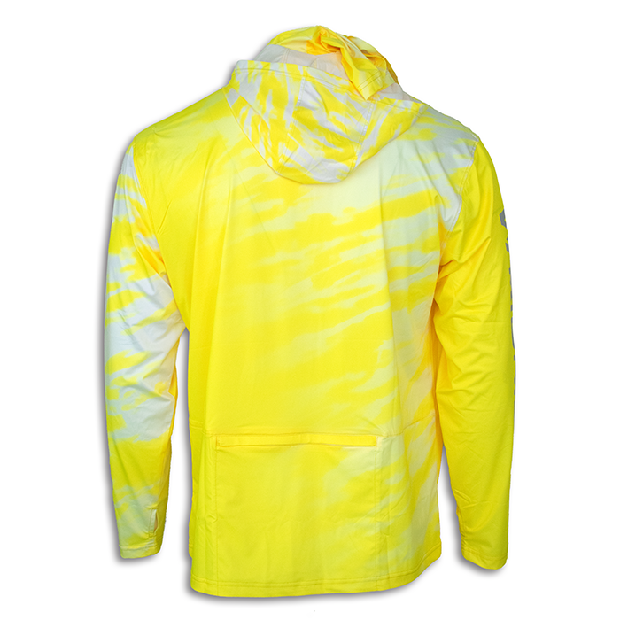 Back view of bright yellow electric wave hooded shirt showing pattern