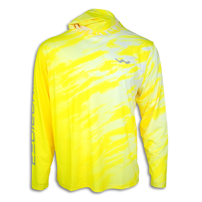 Front view of neon yellow electric wave hooded fishing shirt