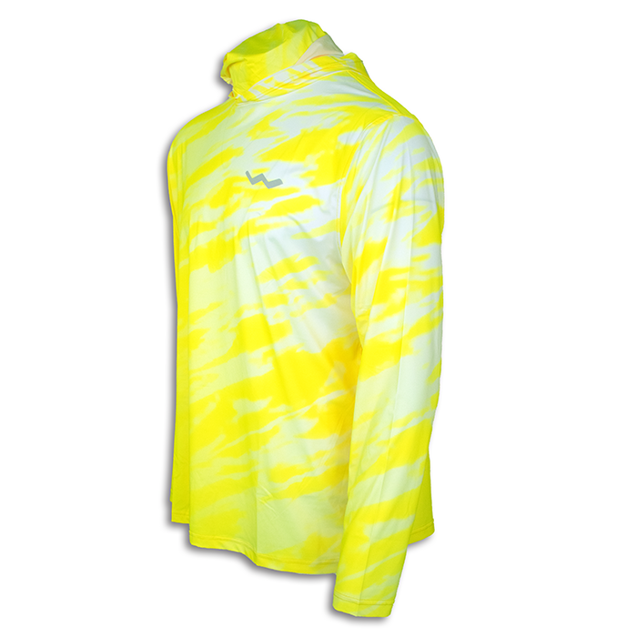 Side angle of yellow electric wave hooded shirt with striking design