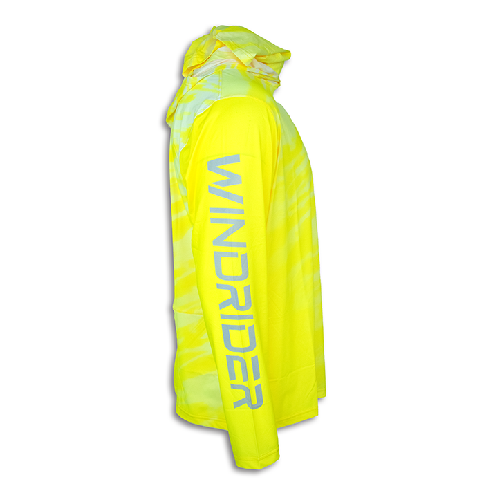 Alternate side view of bright yellow hooded shirt showing details