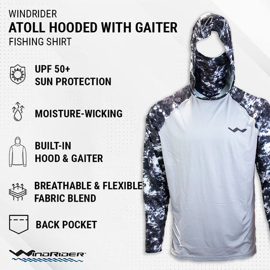 Grey americana hooded shirt infographic showing UPF 50 features and benefits