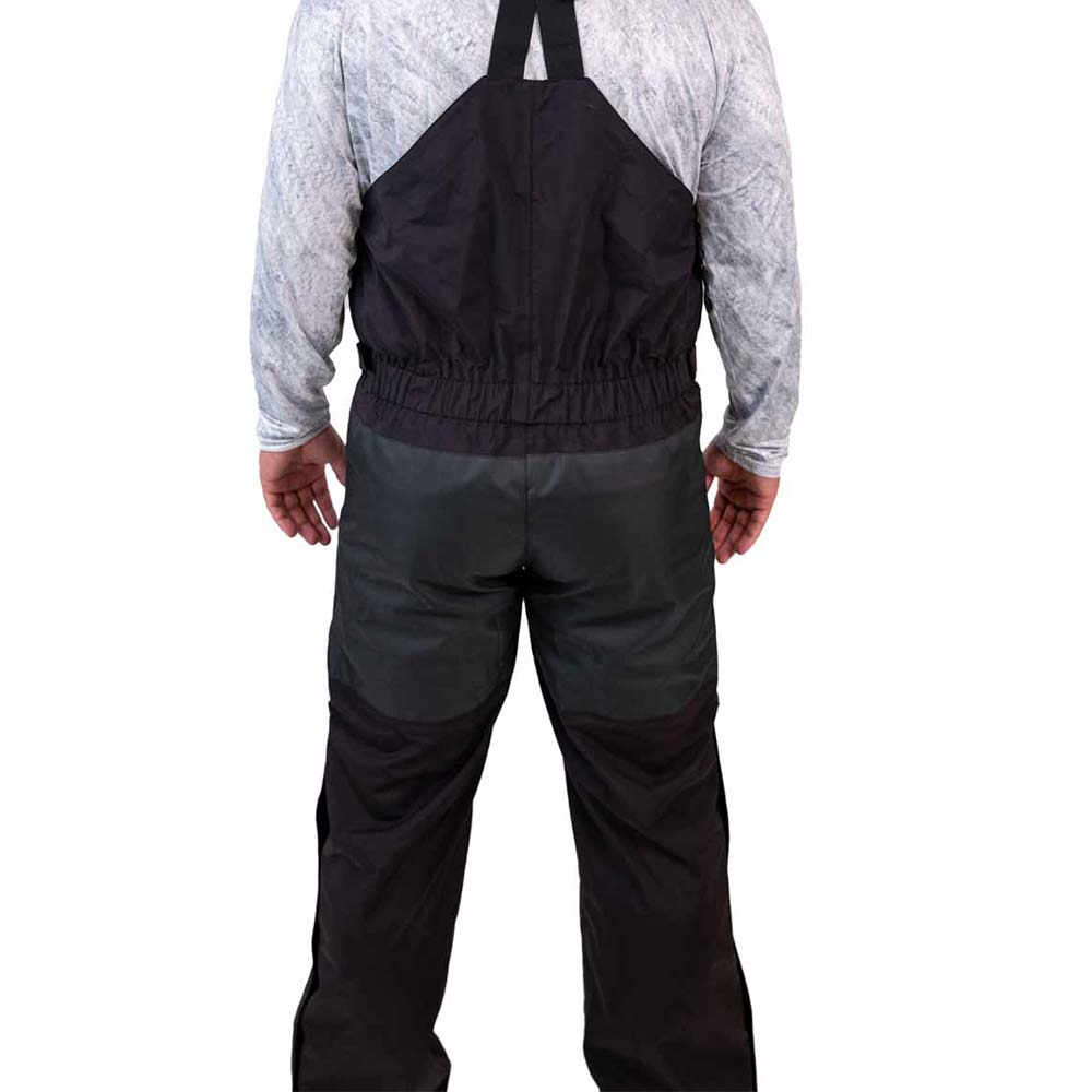 Three-quarter view of waterproof rain gear jacket with hood and storm flaps