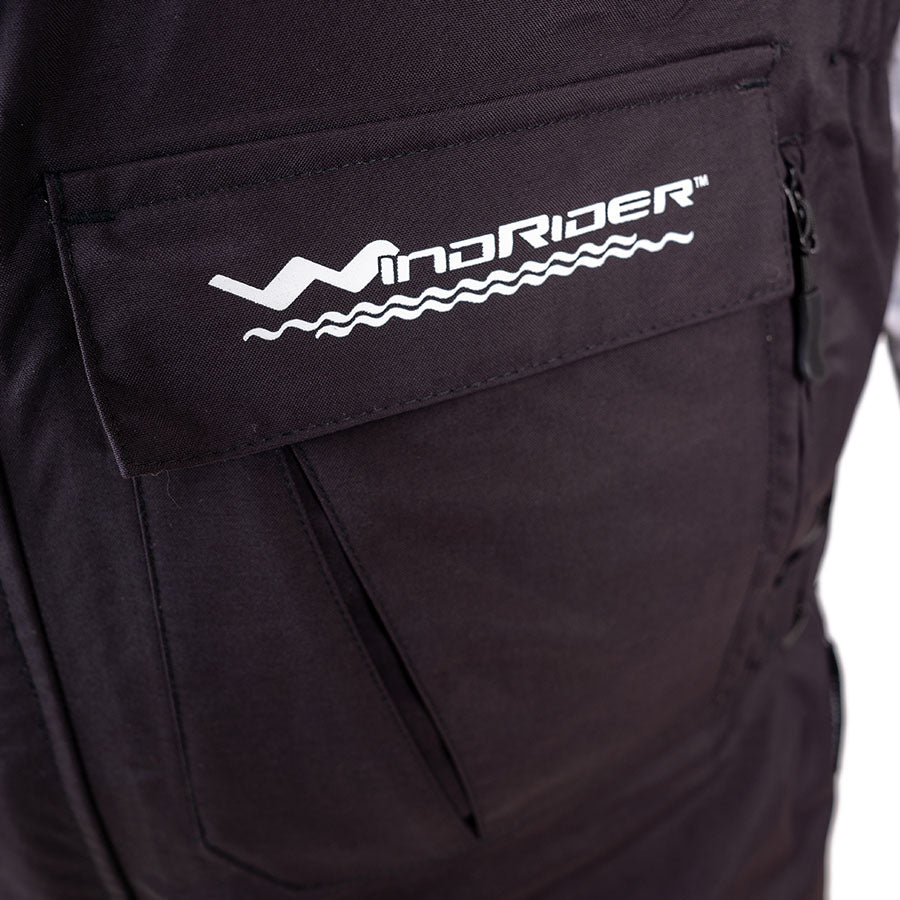 Detail of waterproof rain gear gear showing waterproof construction and features