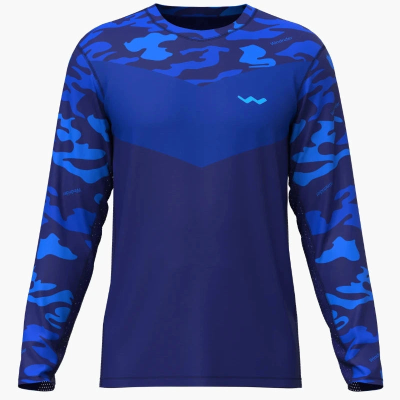 A long sleeve fishing shirt with blue camouflage pattern and a logo on the chest.