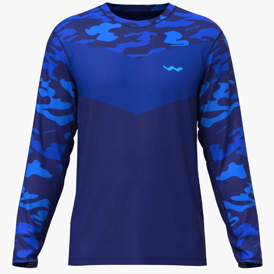 A long sleeve fishing shirt with blue camouflage pattern and a logo on the chest.