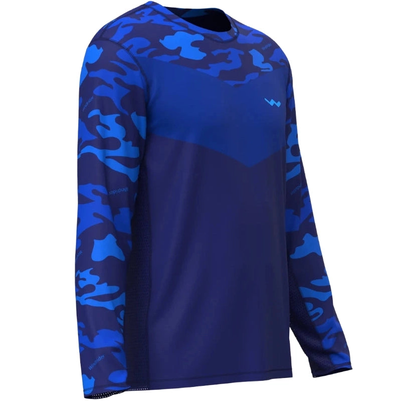 Three-quarter view of navy blue camo performance shirt showing sleeve design