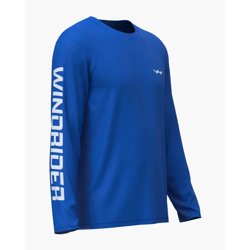 Three-quarter view of bright blue shirt with WindRider chest logo visible