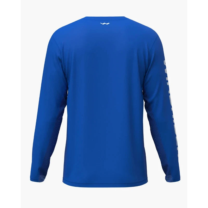 Back angle of solid blue performance shirt showing clean design