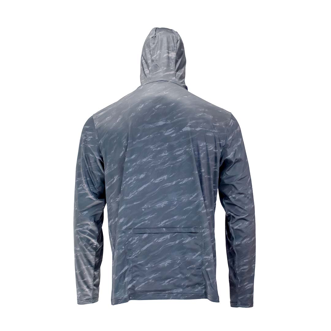 Back view of black camouflage hooded shirt showing full back pattern