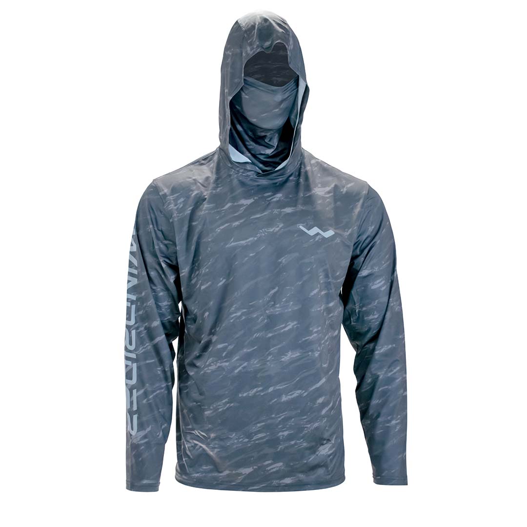 Front view of black ice hooded shirt with integrated gaiter visible