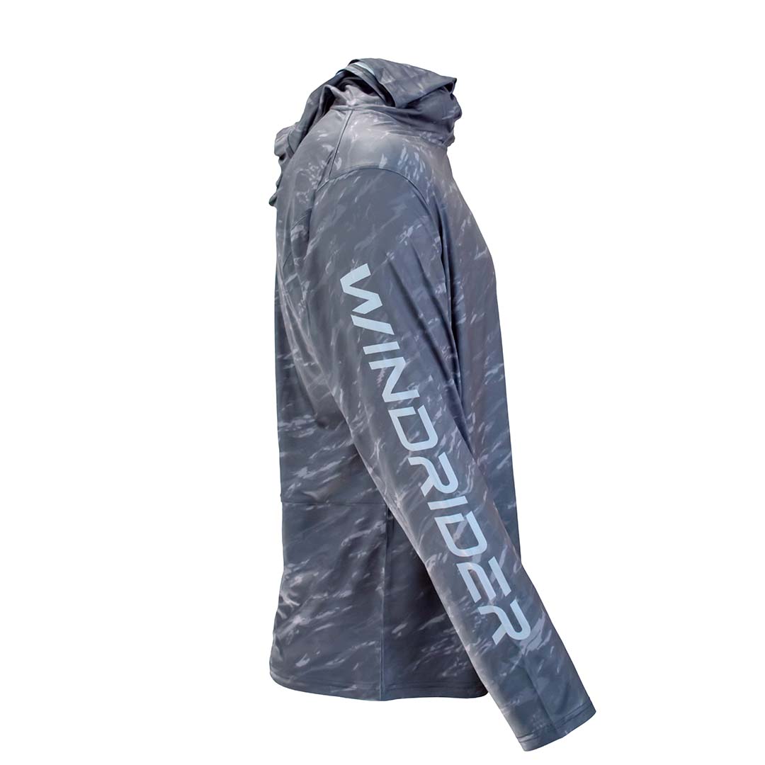 Side angle of black camo hooded fishing shirt showing sleeve design