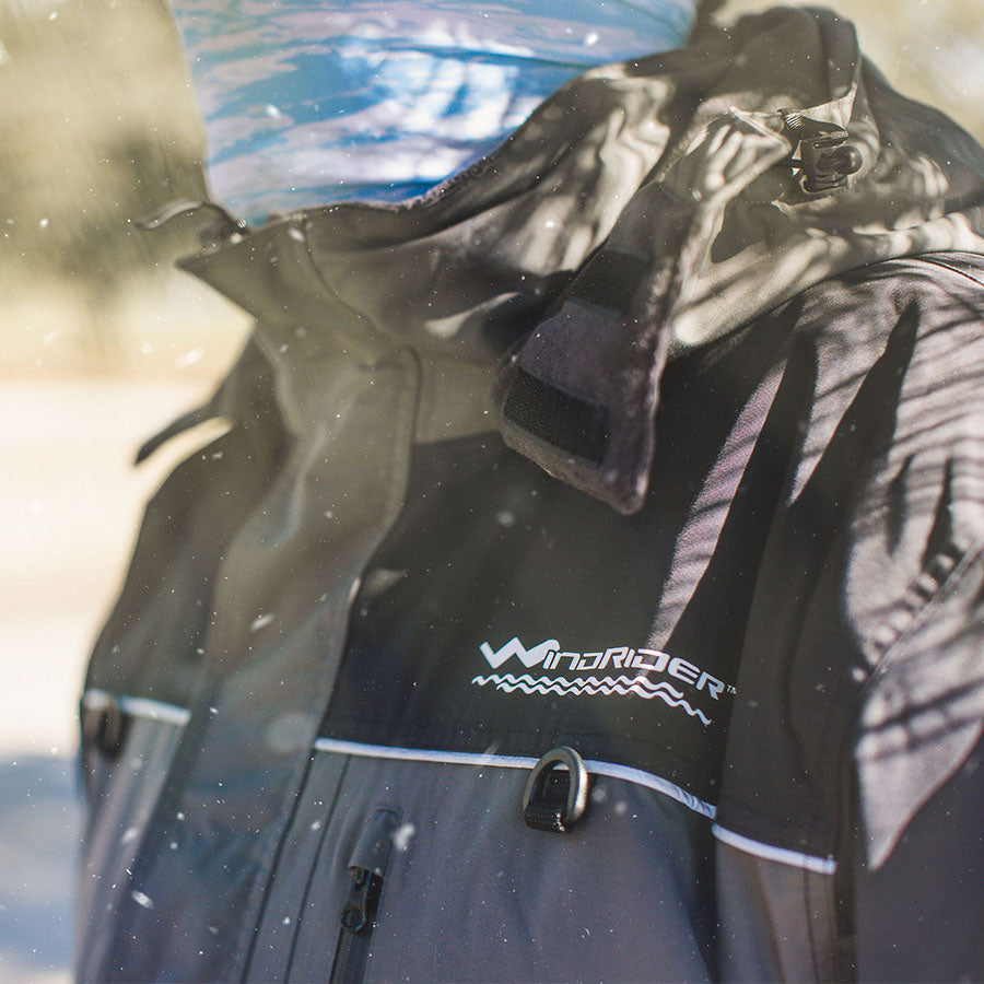 Detail of grey and navy blue ice gear gear showing waterproof construction and features