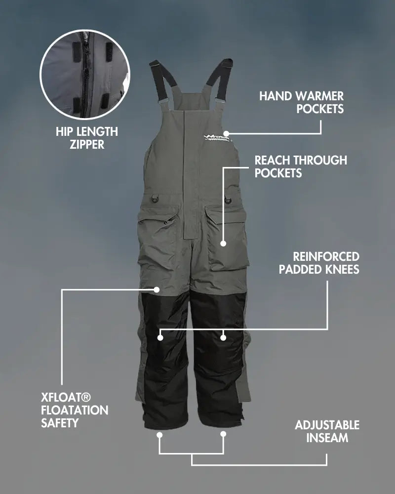 Side view of grey and navy blue ice gear jacket and bibs showing multiple cargo pockets