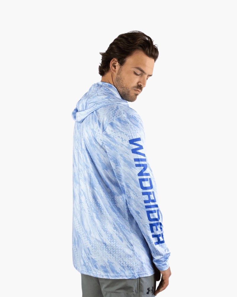 Side angle of blue zipcam hooded shirt displaying sleeve camo pattern