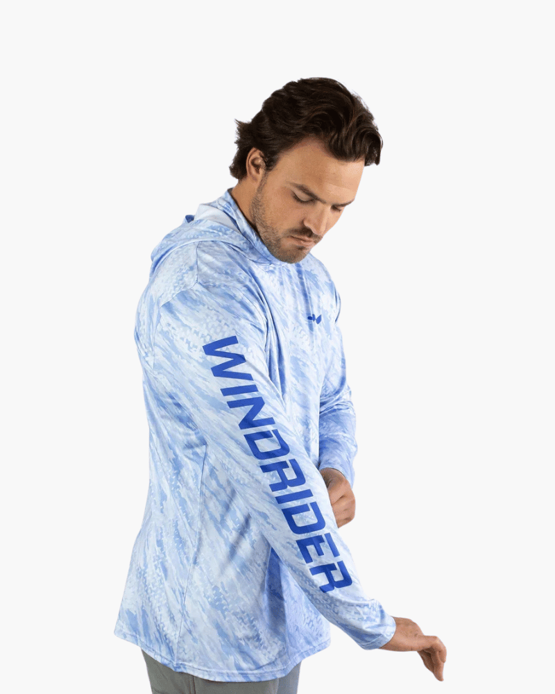 Back view of blue camo hooded performance shirt showing full coverage