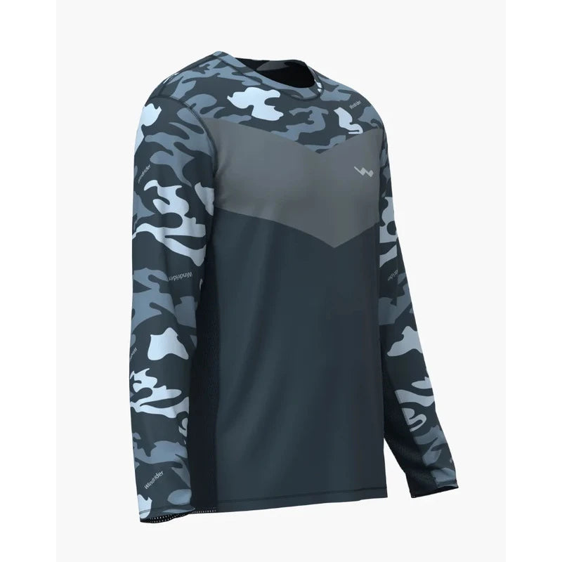Side angle view of grey camo fishing shirt displaying sleeve pattern