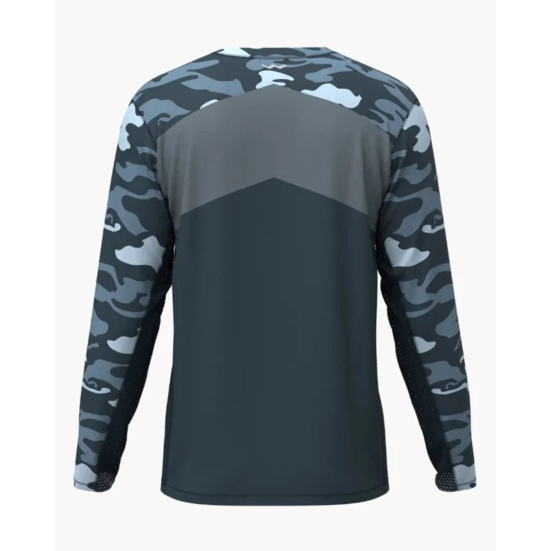 Back view of grey camouflage shirt showing full camo sleeve coverage