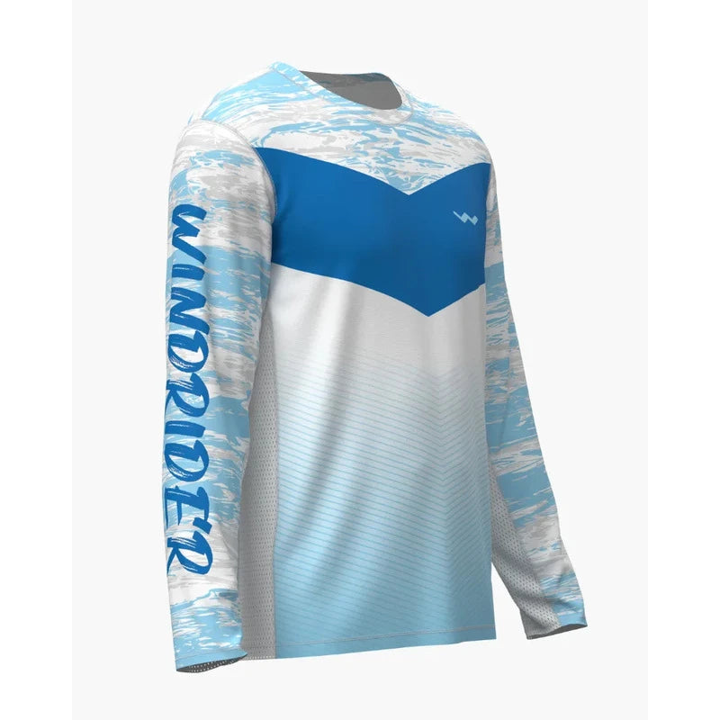Side angle of light blue glacial pattern shirt with sleeve WindRider text