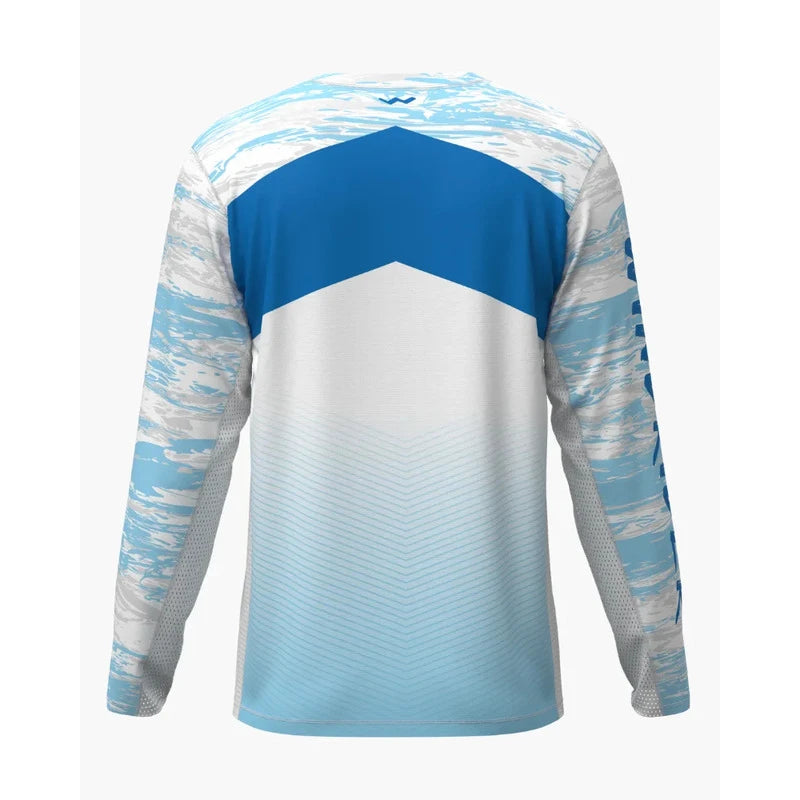 Back view of blue and white ombre fishing shirt showing full coverage