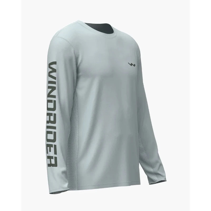 Light grey solid long sleeve shirt with HelioTec feature annotations