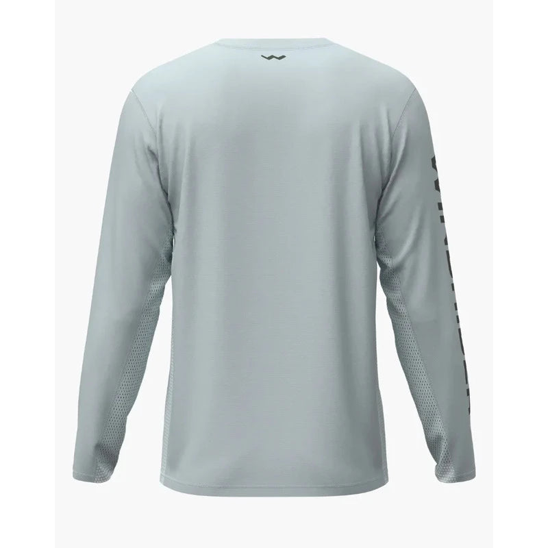 Back view of light grey fishing shirt showing full back coverage