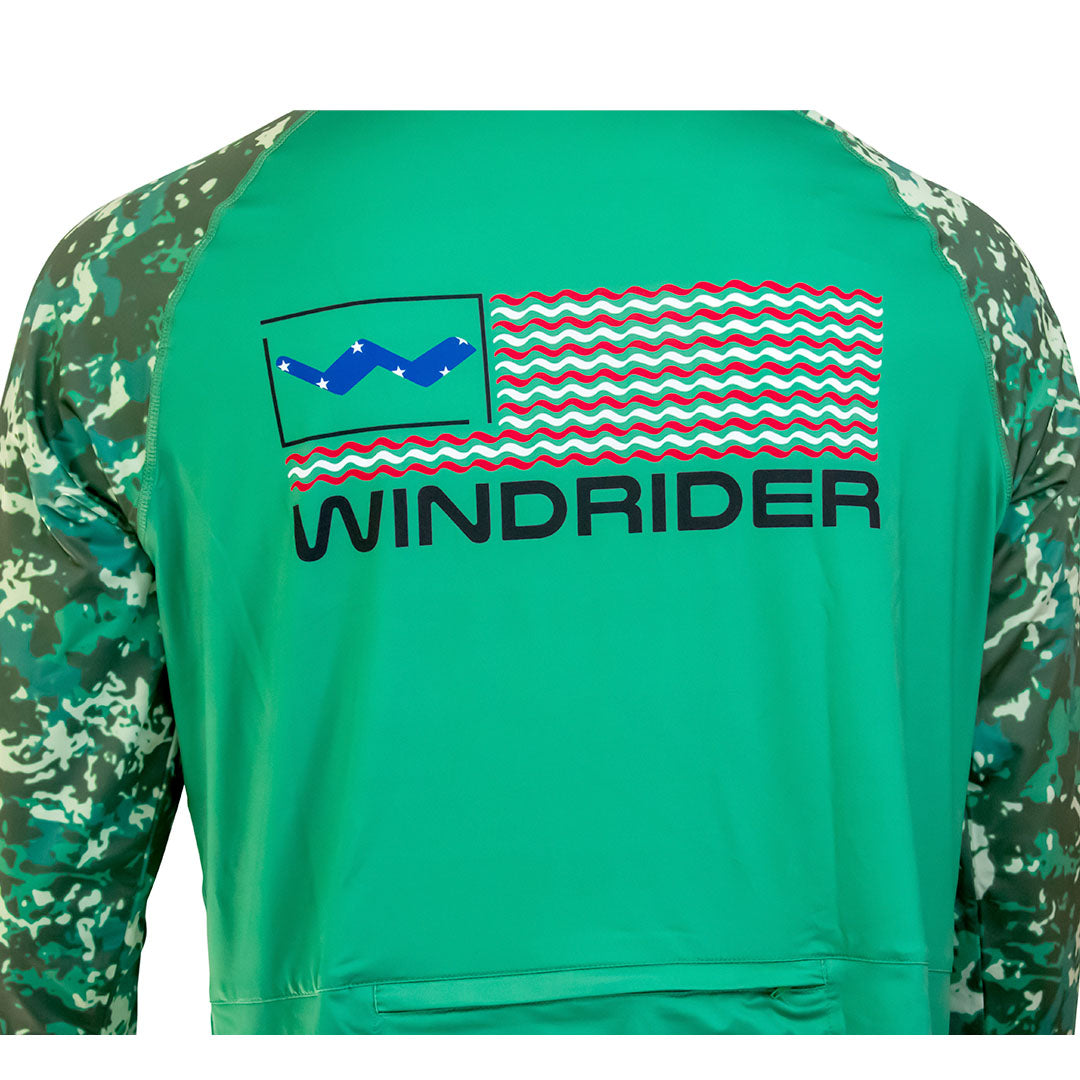 Back view of green americana hooded fishing shirt full coverage