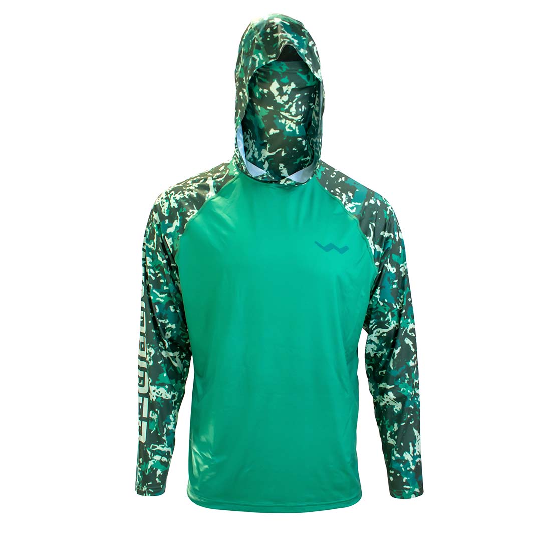 Front view of green camouflage hooded shirt with gaiter down
